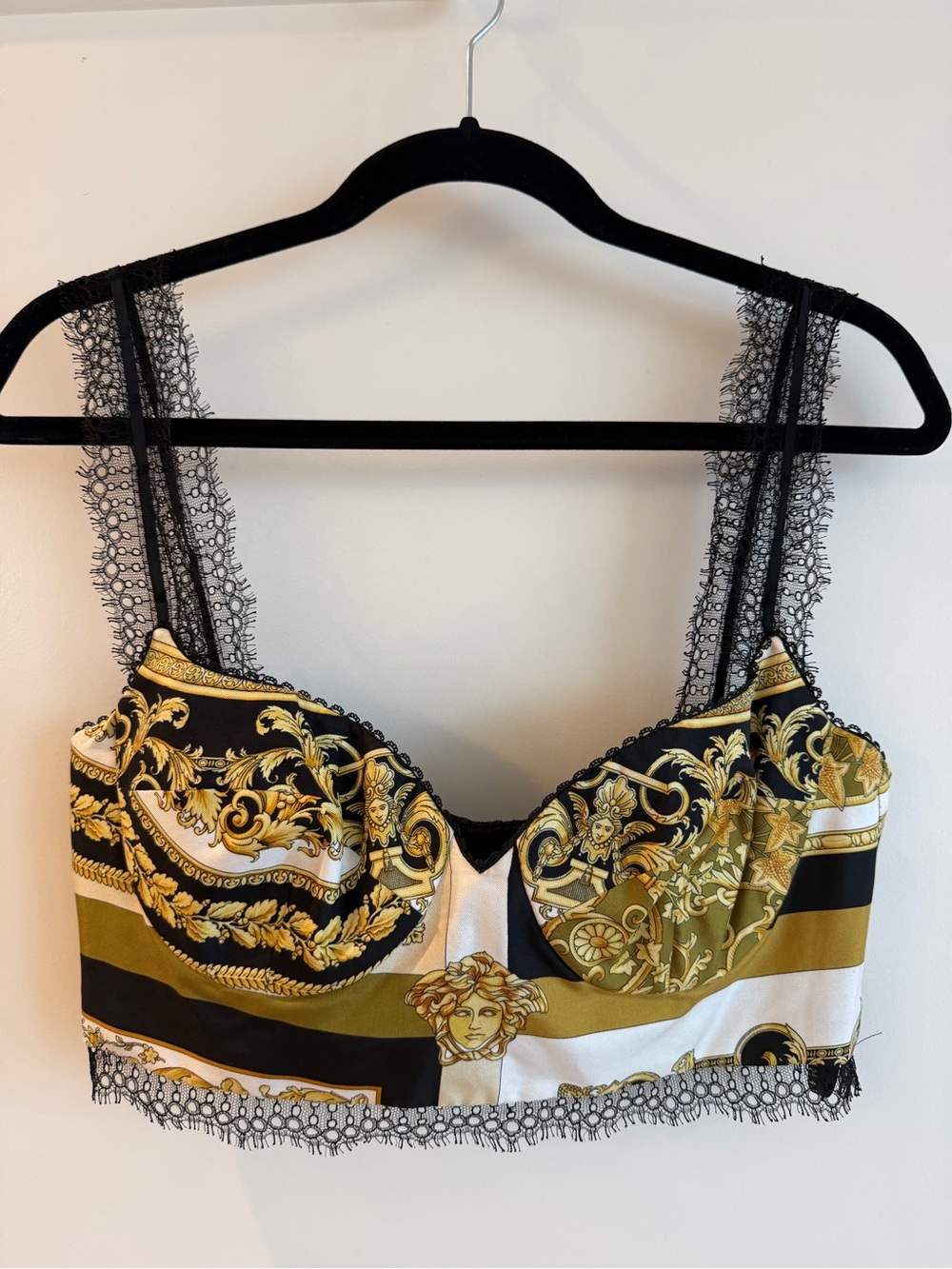 Versace Black White Gold Baroque Lace-Trim Crop Bustier